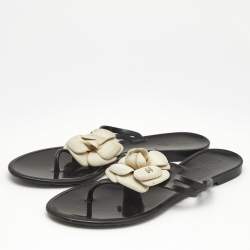 Chanel Black Jelly Camellia Embellished CC Thong Flat Slides Size 39