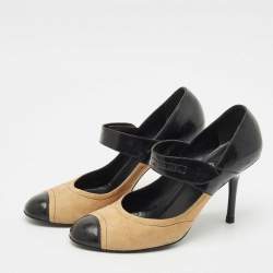 Chanel Beige/Black Suede and Patent Leather Cap Toe Mary Jane Pumps Size 39.5