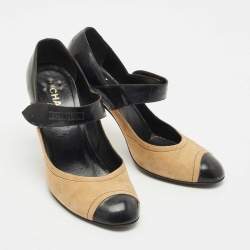 Chanel Beige/Black Suede and Patent Leather Cap Toe Mary Jane Pumps Size 39.5