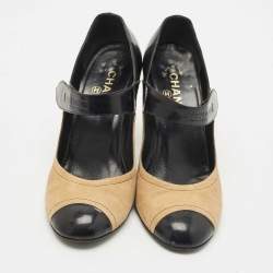 Chanel Beige/Black Suede and Patent Leather Cap Toe Mary Jane Pumps Size 39.5