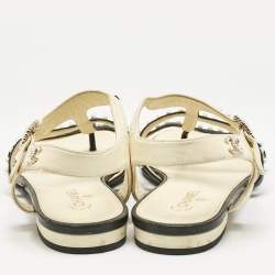 Chanel Black/Beige Leather Faux Pearl Embellished Flat Sandals Size 36