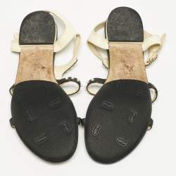 Chanel Black/Beige Leather Faux Pearl Embellished Flat Sandals Size 36