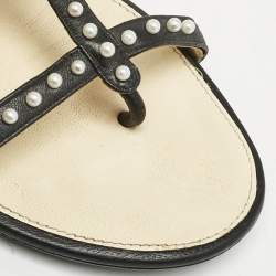 Chanel Black/Beige Leather Faux Pearl Embellished Flat Sandals Size 36