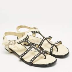 Chanel Black/Beige Leather Faux Pearl Embellished Flat Sandals Size 36