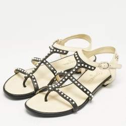Chanel Black/Beige Leather Faux Pearl Embellished Flat Sandals Size 36