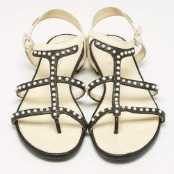 Chanel Black/Beige Leather Faux Pearl Embellished Flat Sandals Size 36