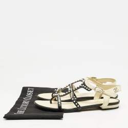 Chanel Black/Beige Leather Faux Pearl Embellished Flat Sandals Size 36