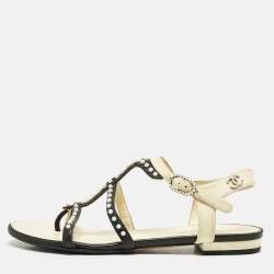 Chanel Black/Beige Leather Faux Pearl Embellished Flat Sandals Size 36