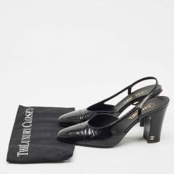Pre Owned Chanel Black Leather CC Block Heel Slingback Pumps Size 39.5