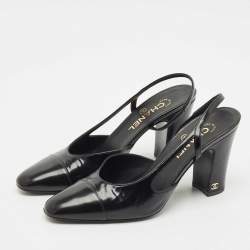 Pre Owned Chanel Black Leather CC Block Heel Slingback Pumps Size 39.5