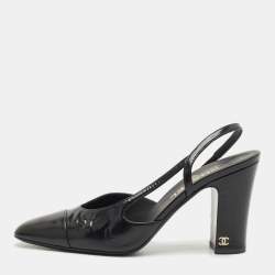 Pre Owned Chanel Black Leather CC Block Heel Slingback Pumps Size 39.5