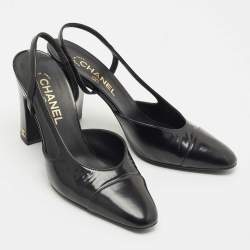 Pre Owned Chanel Black Leather CC Block Heel Slingback Pumps Size 39.5