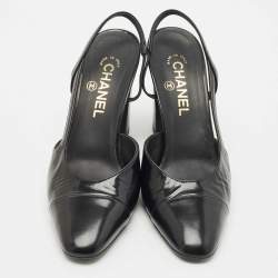 Pre Owned Chanel Black Leather CC Block Heel Slingback Pumps Size 39.5