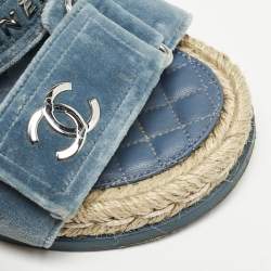 Chanel Blue Velvet CC Espadrille Slide Sandals Size 38