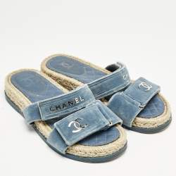Chanel Blue Velvet CC Espadrille Slide Sandals Size 38