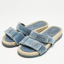 Chanel Blue Velvet CC Espadrille Slide Sandals Size 38