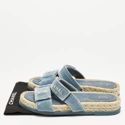 Chanel Blue Velvet CC Espadrille Slide Sandals Size 38