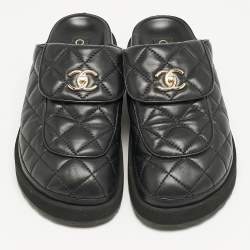 Chanel Black Quilted Leather CC Turnlock Platform Mules Size 39