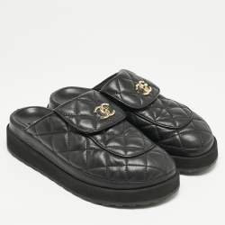 Chanel Black Quilted Leather CC Turnlock Platform Mules Size 39