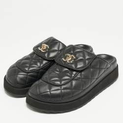 Chanel Black Quilted Leather CC Turnlock Platform Mules Size 39