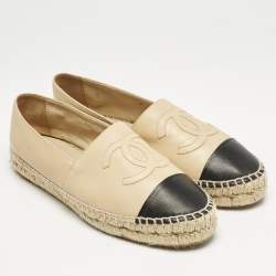 Chanel Beige/Black Leather Logo CC Cap Toe Espadrille Flats Size 40