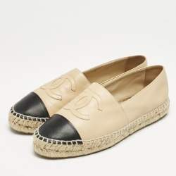 Chanel Beige/Black Leather Logo CC Cap Toe Espadrille Flats Size 40