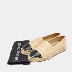 Chanel Beige/Black Leather Logo CC Cap Toe Espadrille Flats Size 40