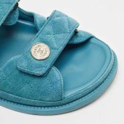 Chanel Blue Quilted Suede Dad Flat Sandals Size 38.5
