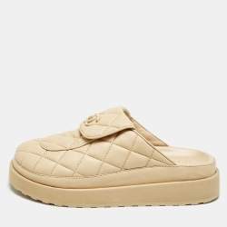 Chanel Beige Quilted Leather CC Turnlock Platform Mules Size 39