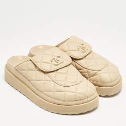 Chanel Beige Quilted Leather CC Turnlock Platform Mules Size 39