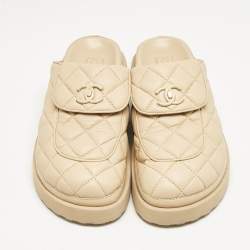 Chanel Beige Quilted Leather CC Turnlock Platform Mules Size 39