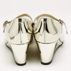 Chanel Gold/Black Canvas and Leather Mary Jane Wedge Pumps Size 39
