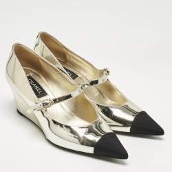 Chanel Gold/Black Canvas and Leather Mary Jane Wedge Pumps Size 39