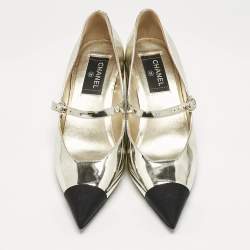 Chanel Gold/Black Canvas and Leather Mary Jane Wedge Pumps Size 39