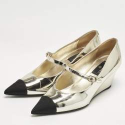 Chanel Gold/Black Canvas and Leather Mary Jane Wedge Pumps Size 39