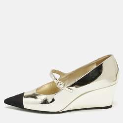 Chanel Gold/Black Canvas and Leather Mary Jane Wedge Pumps Size 39