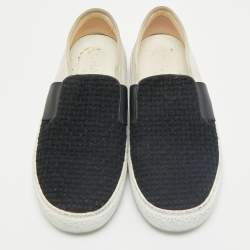 Chanel Black/Off White Tweed and Suede Slip On Sneakers Size 37
