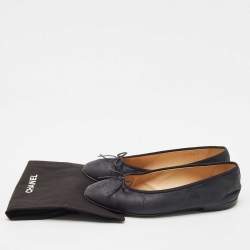 Chanel Black Leather CC Cap Toe Bow Ballet Flats Size 39