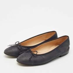 Chanel Black Leather CC Cap Toe Bow Ballet Flats Size 39