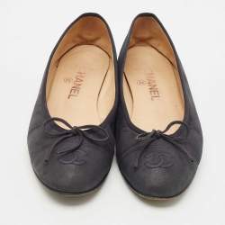 Chanel Black Leather CC Cap Toe Bow Ballet Flats Size 39