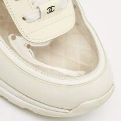Chanel Grey/Cream Leather and PVC CC Low Top Sneakers Size 41