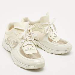 Chanel Grey/Cream Leather and PVC CC Low Top Sneakers Size 41
