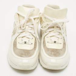 Chanel Grey/Cream Leather and PVC CC Low Top Sneakers Size 41