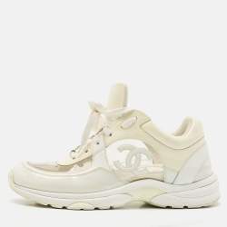 Chanel Grey/Cream Leather and PVC CC Low Top Sneakers Size 41