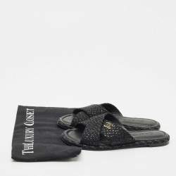 Chanel Black Glitter Fabric Crisscross CC Flat Slide Flats Size 35
