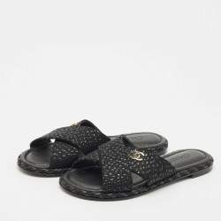 Chanel Black Glitter Fabric Crisscross CC Flat Slide Flats Size 35