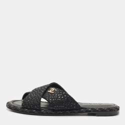 Chanel Black Glitter Fabric Crisscross CC Flat Slide Flats Size 35