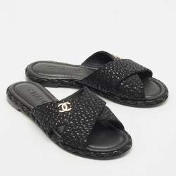 Chanel Black Glitter Fabric Crisscross CC Flat Slide Flats Size 35