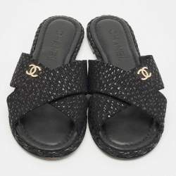 Chanel Black Glitter Fabric Crisscross CC Flat Slide Flats Size 35