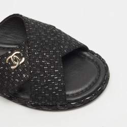 Chanel Black Glitter Fabric Crisscross CC Flat Slide Flats Size 35